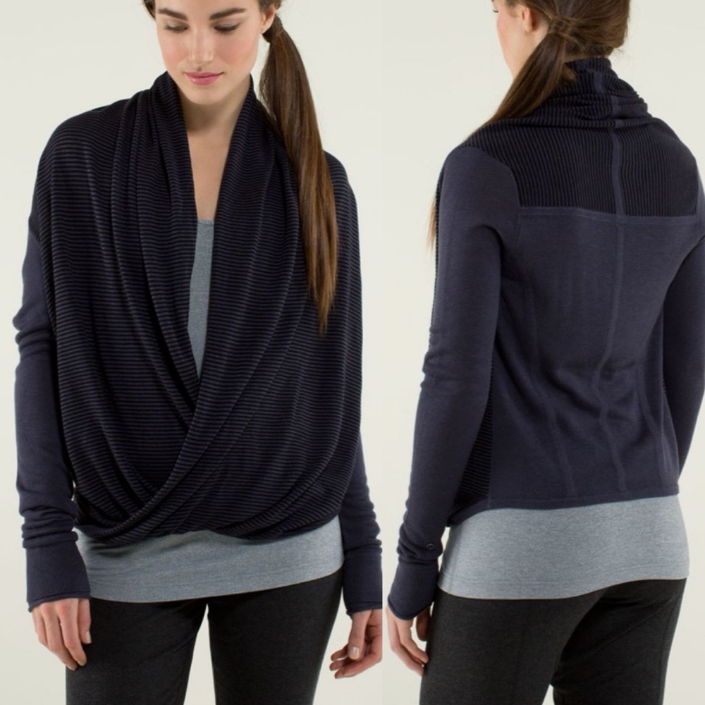 Lululemon Iconic Sweater Wrap Cadet Blue Black striped knit